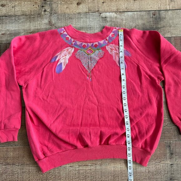 90's Hanes Her Way pink Native feather print pullover sweater Large - Picture 5 of 7